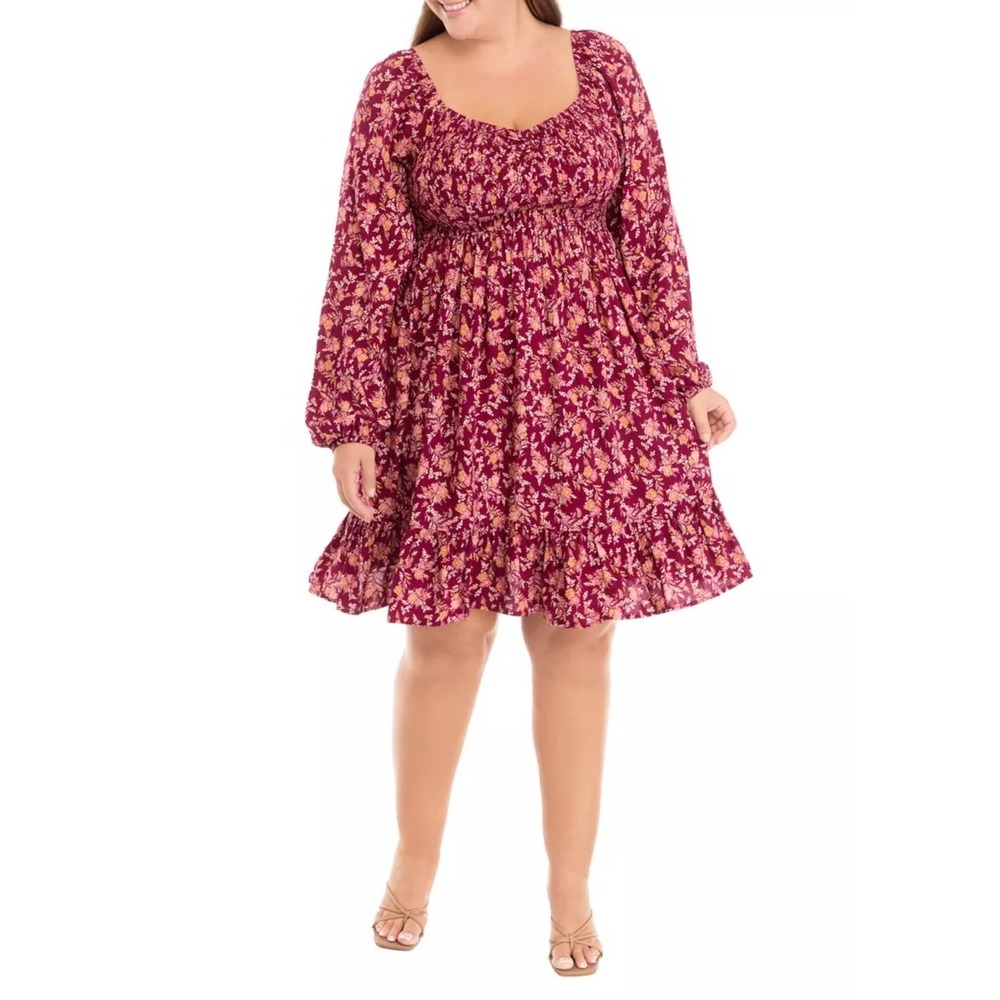 (A7) Oak & Trellis Burgundy Floral Smocked Babydoll Dress Plus 4X Long Sleeve